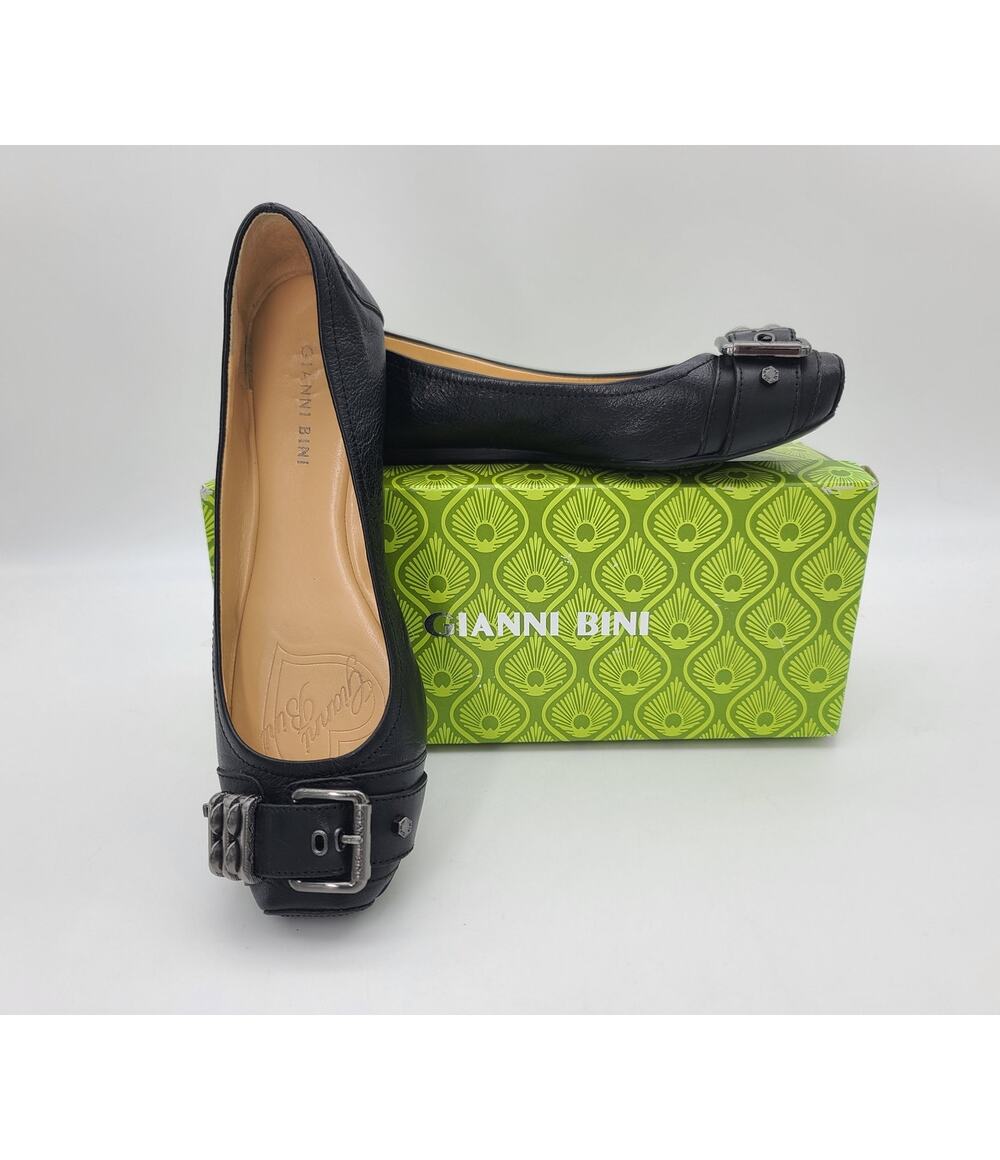 Gianni Bini Rockie Black Leather Flats Accent Buckles Square Toe Women 9M w/ BOX